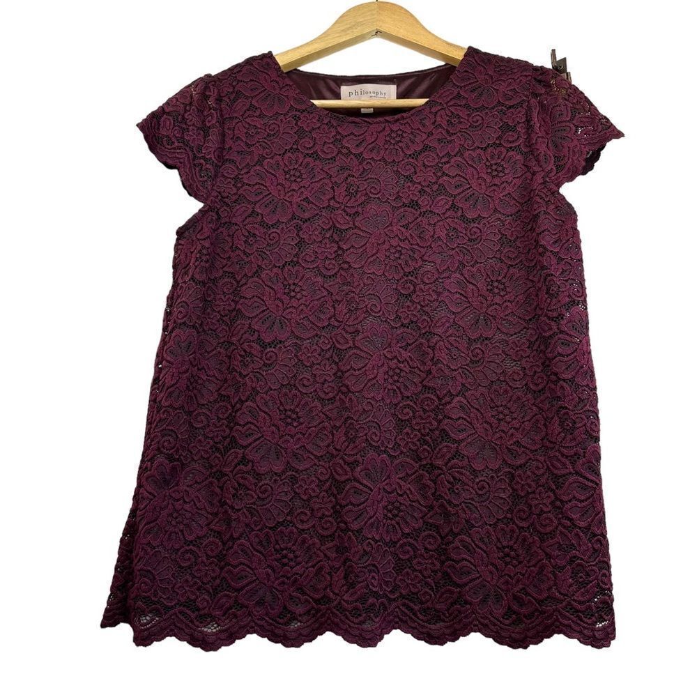 🔥 Philosophy Burgundy Maroon Lace Short Sleeve Tee Blouse